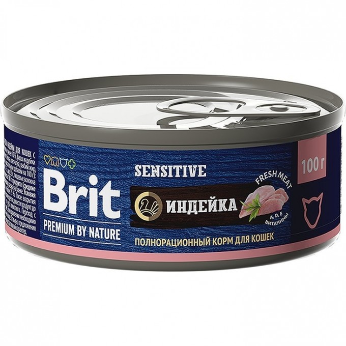 Консервы с мясом индейки BRIT Premium by Nature для кошек с чувствительным пищеварением 5051250